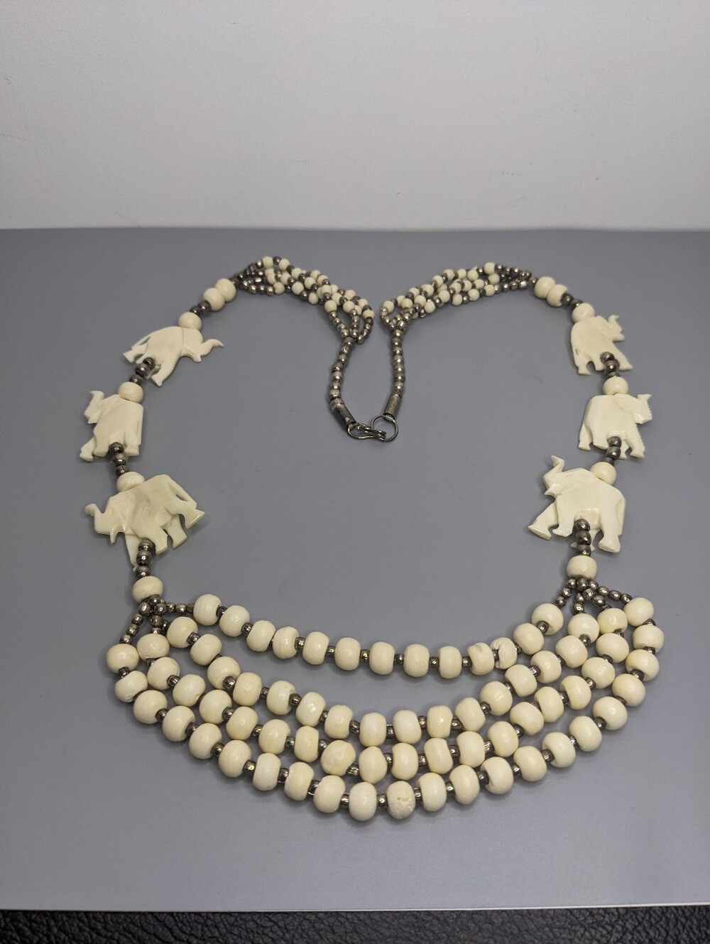 Vintage Carved Bone Animal Four Strand Beaded Necklace 1970s Boho Jewelry 30"